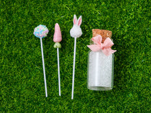 Load image into Gallery viewer, Glass Jar of 3 x 3 Easter lollipops / cake pops - Bunny Ears, Pink Carrots, Pastel Sprinkles - Miniature Food
