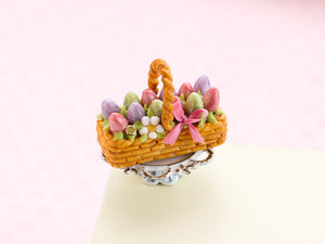 Easter Basket Cake (Long Rectangle), Pink, Purple, Green Eggs, Pink Ribbon - Handmade Miniature Food
